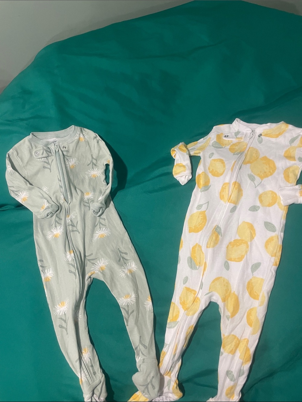 Carter's Footed One-Piece Pajamas in Sage Floral and White with Yellow Lemons